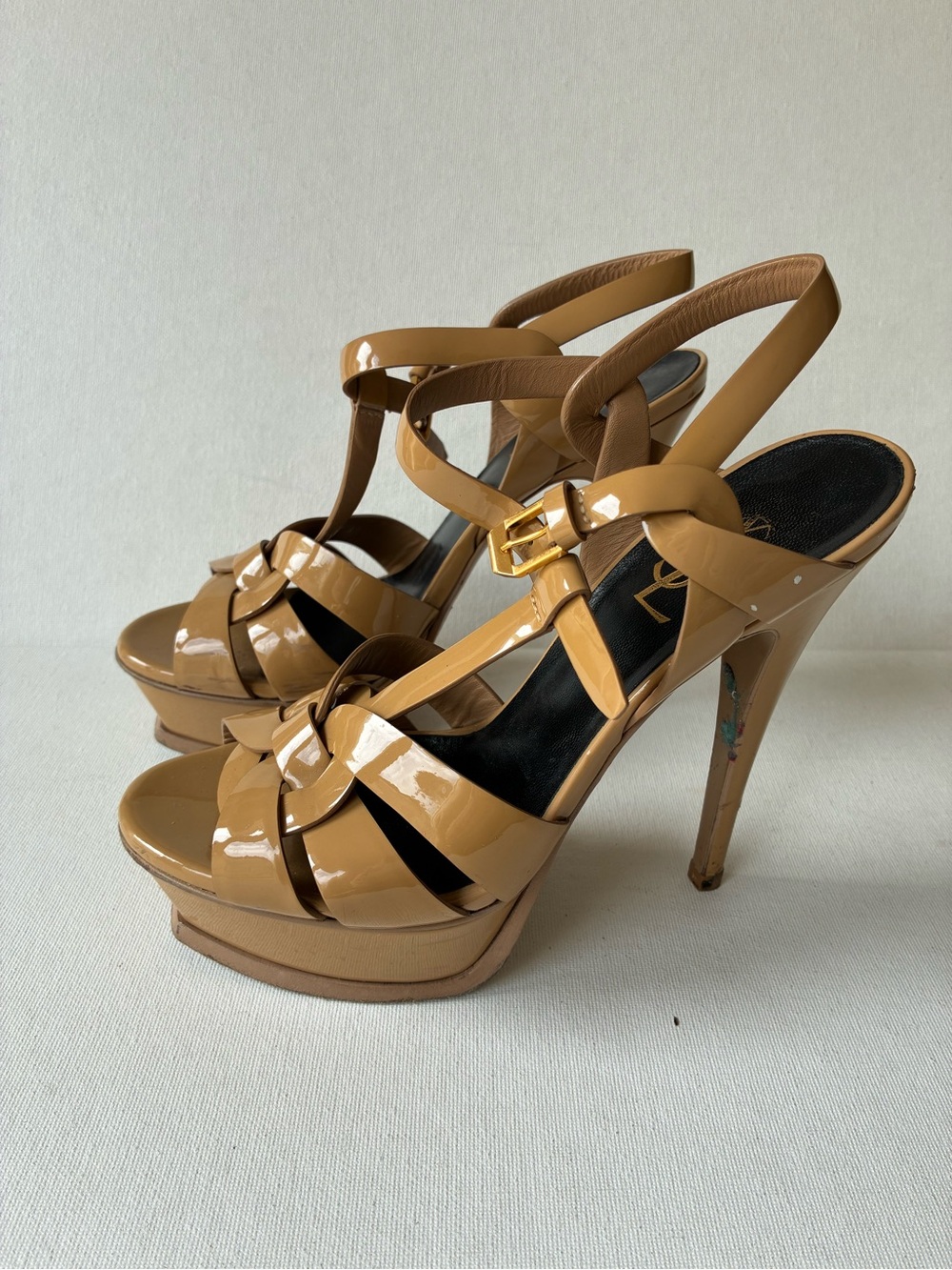 YSL tribute Patent Leather Platform Slingback Heels in Camel size 36